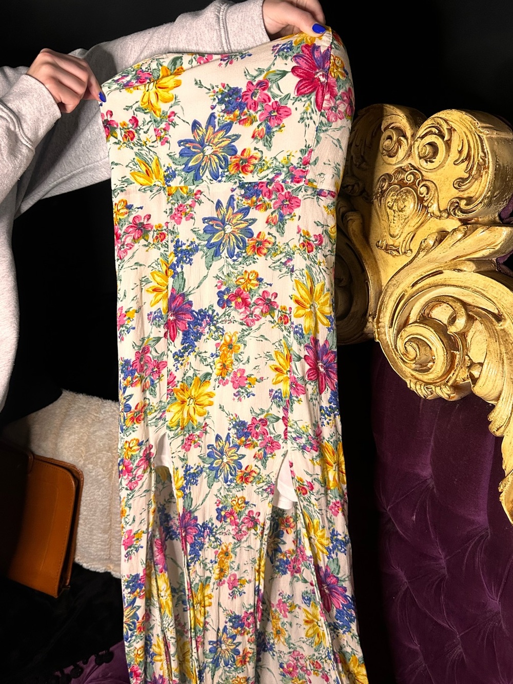 Reverse Strapless Floral Maxi Dress in Cream with Pink, Yellow & Blue Blooms
